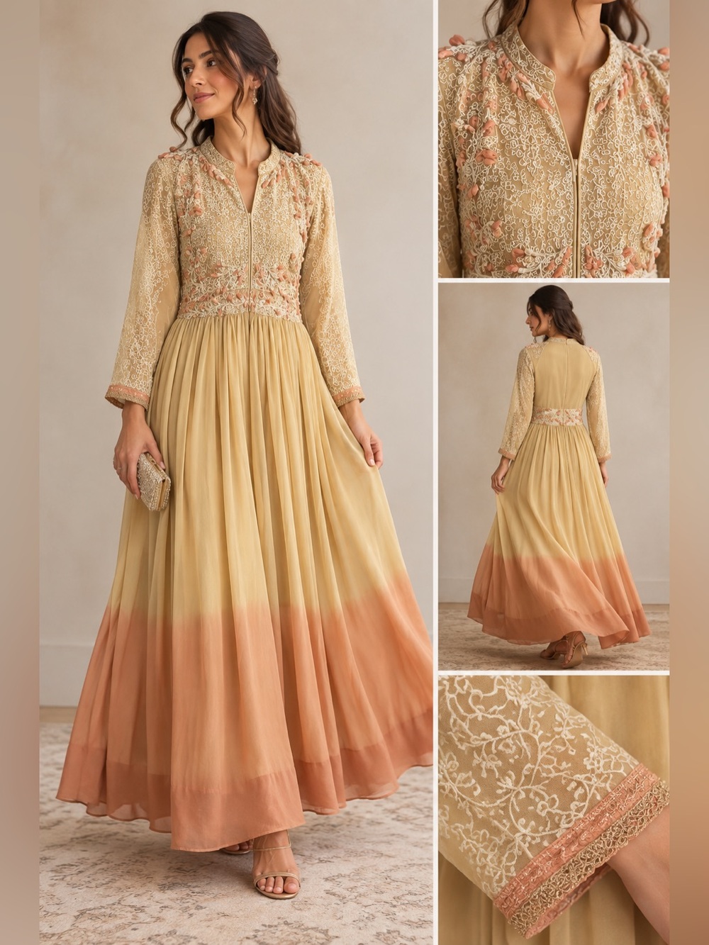 Vintage Gold & Blush Embroidered Maxi Dress – Boho Ethnic Style